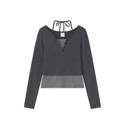 UNRETRO亨利领假两件条纹T恤女