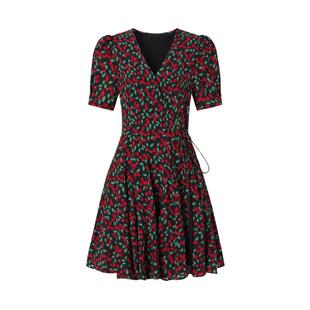 MOISSAC摩萨克秋装V领短袖高腰樱桃印花连衣裙女