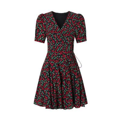 MOISSAC摩萨克秋装V领短袖高腰樱桃印花连衣裙女