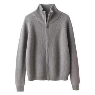 秋冬新款半高领羊绒开衫女立领双拉链毛衣外套100%纯羊毛针织衫