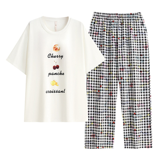 悦内带胸垫睡衣女夏季夏款短袖长裤纯棉家居服休闲可外穿出门夏天