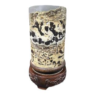 国画草花天然奇石花瓶笔筒四方柱实木底座摆件办公室玄关镇宅石头