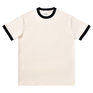 柴米美式复古重磅T恤男纯棉拼色假两件老钱风修身短袖打底衫咔叽