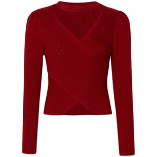 【清仓】糖力 红色围脖针织衫女秋冬季套头内搭羊毛打底衫上衣