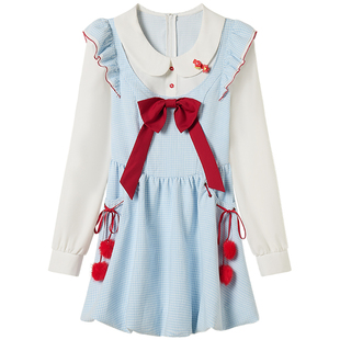 织物猪 蓝樱糖霜 甜美风假两件娃娃领连衣裙女春可爱女仆花苞裙子