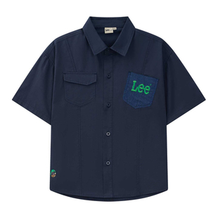 Lee kids儿童短袖纯棉衬衫男女童中大童夏季翻领休闲百搭棉质衬衣