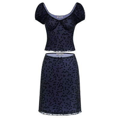 蝴蝶网纱上衣+半身裙套装