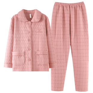 女士睡衣纯棉夹层棉秋冬季套装妈妈薄款夹棉保暖加厚空气棉家居服