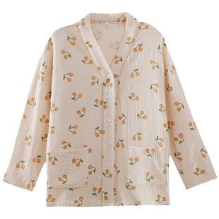 纯棉睡衣女春款绉布长袖V领宽松外穿上衣甜美柔软卡通印花家居服