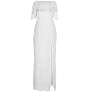 蕾丝礼服女夏白色法式正式场合端庄一字肩连衣裙海边度假露肩长裙