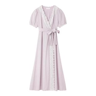 SNIDEL HOME春夏款系带收腰波点条纹蕾丝边睡袍SHCO232080