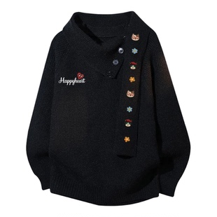 查尔斯桃心小猫印花围巾领上衣男女冬季新款保暖休闲针织衫毛衣潮