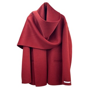鸿博高端定制枫叶红围巾披肩双面羊毛大衣女短款宽松清新甜美外套
