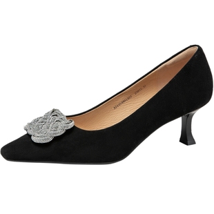 千百度新中式轻奢复古绒面时装鞋宴会鞋羊皮高跟鞋经典闪钻婚鞋