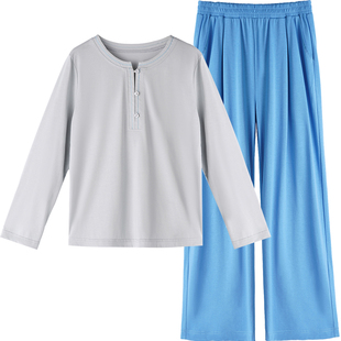 淳度睡衣女春款莫代尔棉长袖套头套装大码蓝高级漂亮出门可外穿