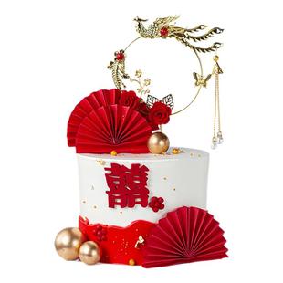 铁艺凤凰蛋糕装饰插件复古凤钗石榴红双喜孔雀珍珠结婚订婚宴摆件
