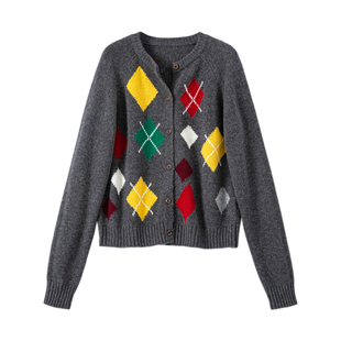 YANGLE_绵羊毛毛衣女款2025新款冬季慵懒复古撞色菱形格针织开衫