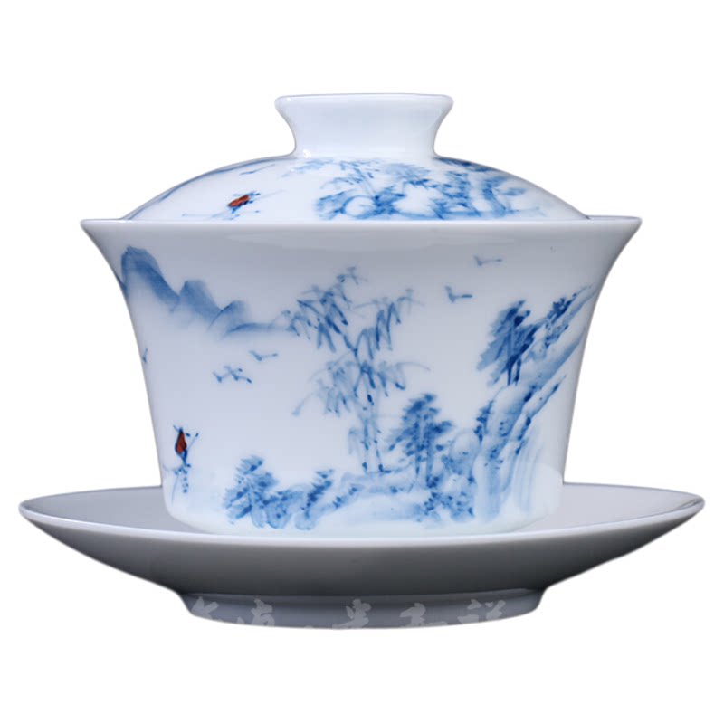 复古手绘大盖碗青花瓷京德茶具