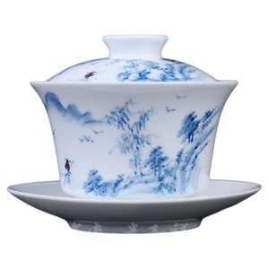 复古手绘大盖碗青花瓷京德茶具