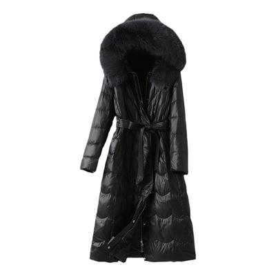 狐狸毛领黑色修身系带羽绒服女士