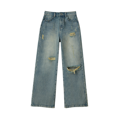 Uena水洗做旧直筒破洞牛仔裤