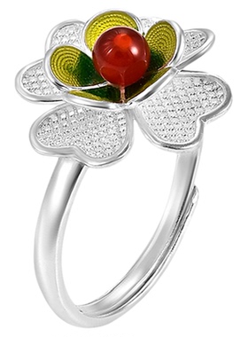 银千造珐琅彩手工花丝足银戒指