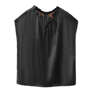 现货 前后两穿气质优雅香云纱真丝短袖上衣桑蚕丝木耳领衬衫T恤夏