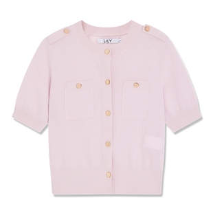 LILY2026新款女装气质小香风粉色短款小上衣轻薄短袖针织开衫
