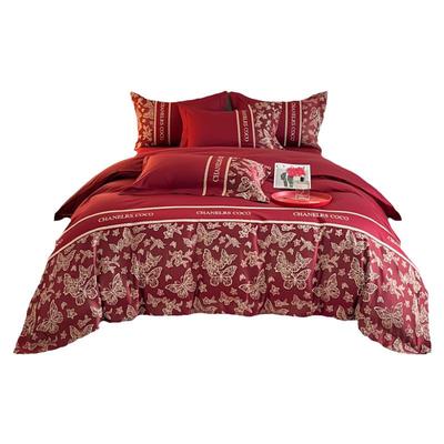 新中式结婚四件套被套酒红色纯棉