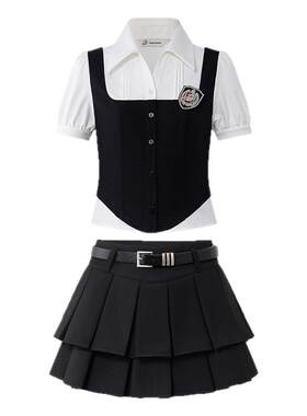 学院风制服套装假两件衬衫短袖