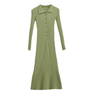 YoungGirlDay纯欲风性感修身显瘦翻领长袖针织包臀鱼尾连衣裙长裙