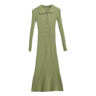 纯欲翻领长袖针织鱼尾连衣裙长裙