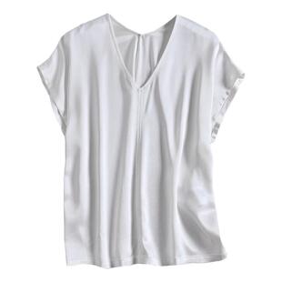 2026春夏新款醋酸双面缎丝滑亲肤女士极简秋装V领短袖宽松上衣t恤