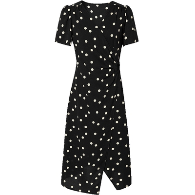 红袖波点法式收腰V领气质连衣裙