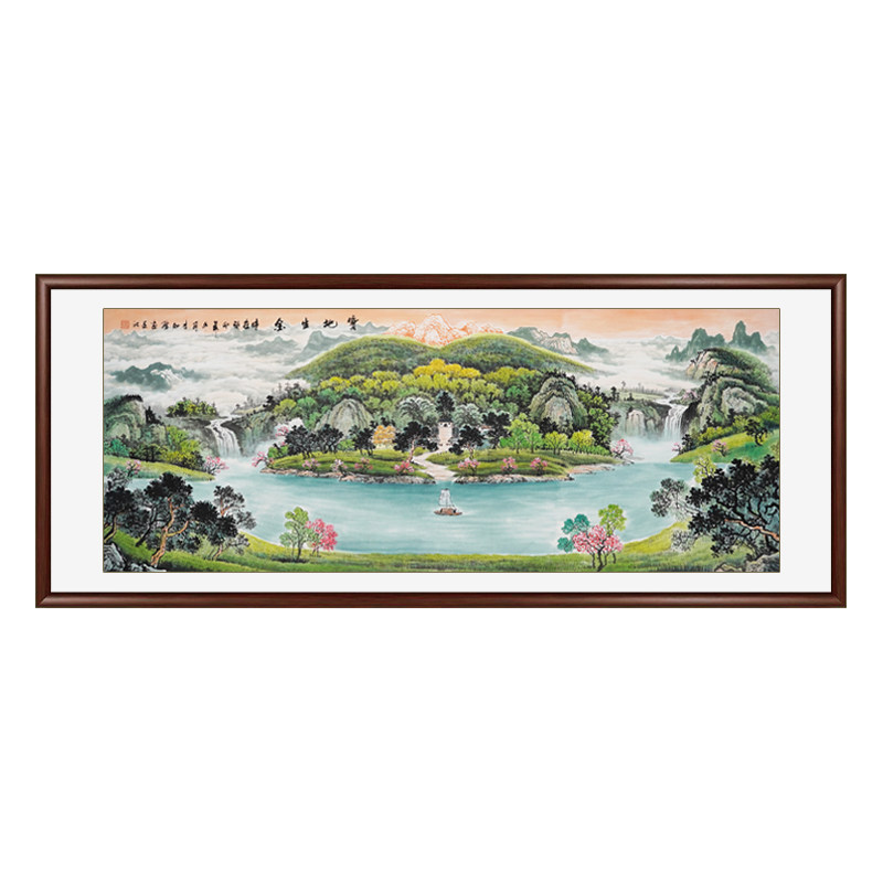 宝地生金聚宝盆山水画手绘国画风水靠山办公室客厅水墨画西墙挂画
