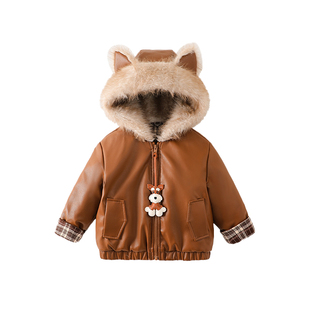 玛米玛卡儿童皮衣外套冬季新款男女童加绒洋气连帽棉服帅气超好看