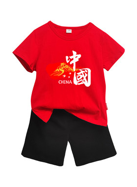 运动会儿童纯棉运动套装夏季红色