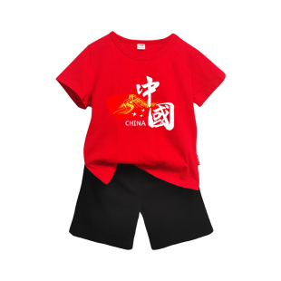 中国红儿童运动套装纯棉 男童红色上衣黑色短裤小学生运动会服装