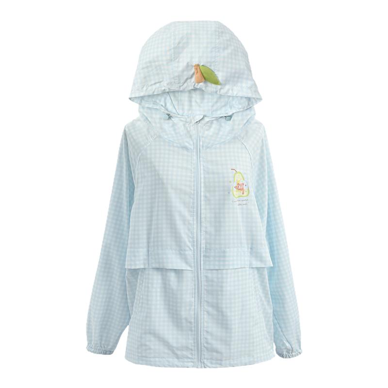 森女部落清新少女原纱防晒服女格子梨子设计连帽薄款透气防晒开衫