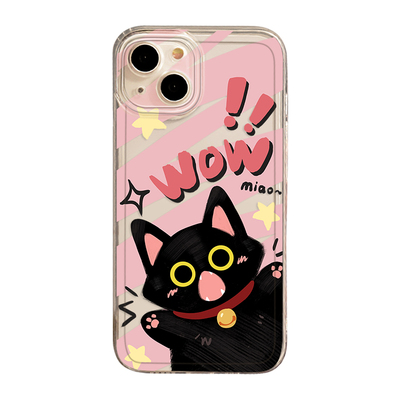 wow~惊讶小黑猫咪透明超火手机壳