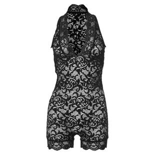 欧美性感辣妹V领透视网纱无袖连体裤黑色蕾丝修身型小心机打底裤