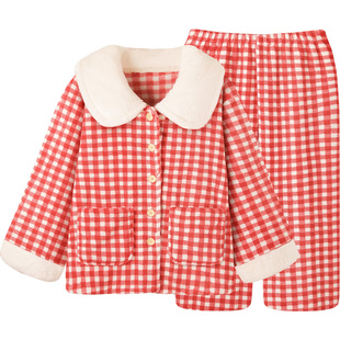 【巨保暖】日系清新格子法兰绒睡衣女款秋冬红色保暖家居服可外穿
