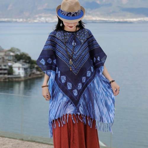 新疆包邮云南扎染披肩云南蓝染披肩扎染披叉苗族蜡染服装民族手工