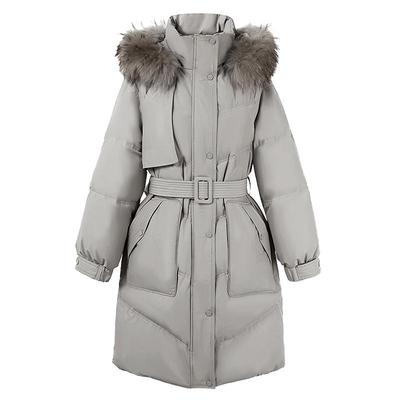 真貉子毛领中长款收腰羽绒服