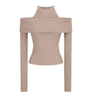 韩国labelleblanc法式假两件一字肩针织衫毛衣女秋季修身露肩上衣