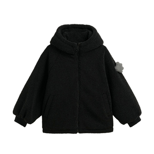 砚台家儿童连帽加绒拉链外套2025冬季新款时髦洋气男童黑色衣服厚