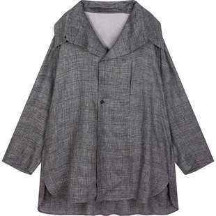 速写男装秋冬新款休闲廓形亚麻风衣宽松衬衫领格纹时尚潮流外套