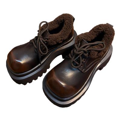 复古真皮松糕厚底小皮鞋女加绒