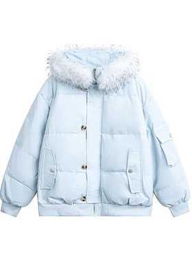 韩系蓝色连帽羽绒棉服外套女冬季