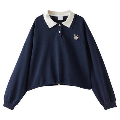 韩版POLO领短款小熊刺绣卫衣